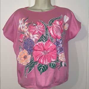 Vtg 80s Club USA embossed‎ floral pink T-shirt